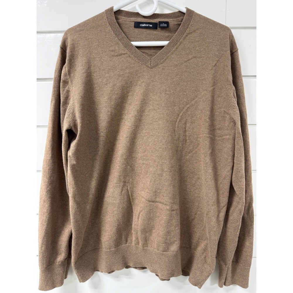 Claiborne Mens V-Neck Sweater Brown Tan Cotton Cashmere Blend Size Large L